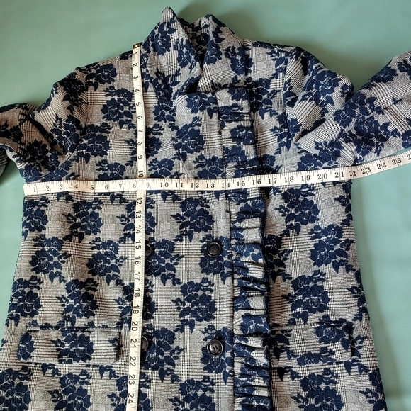 Halogen Blue Floral Plaid Print Ruffle Coat - Picture 9 of 11